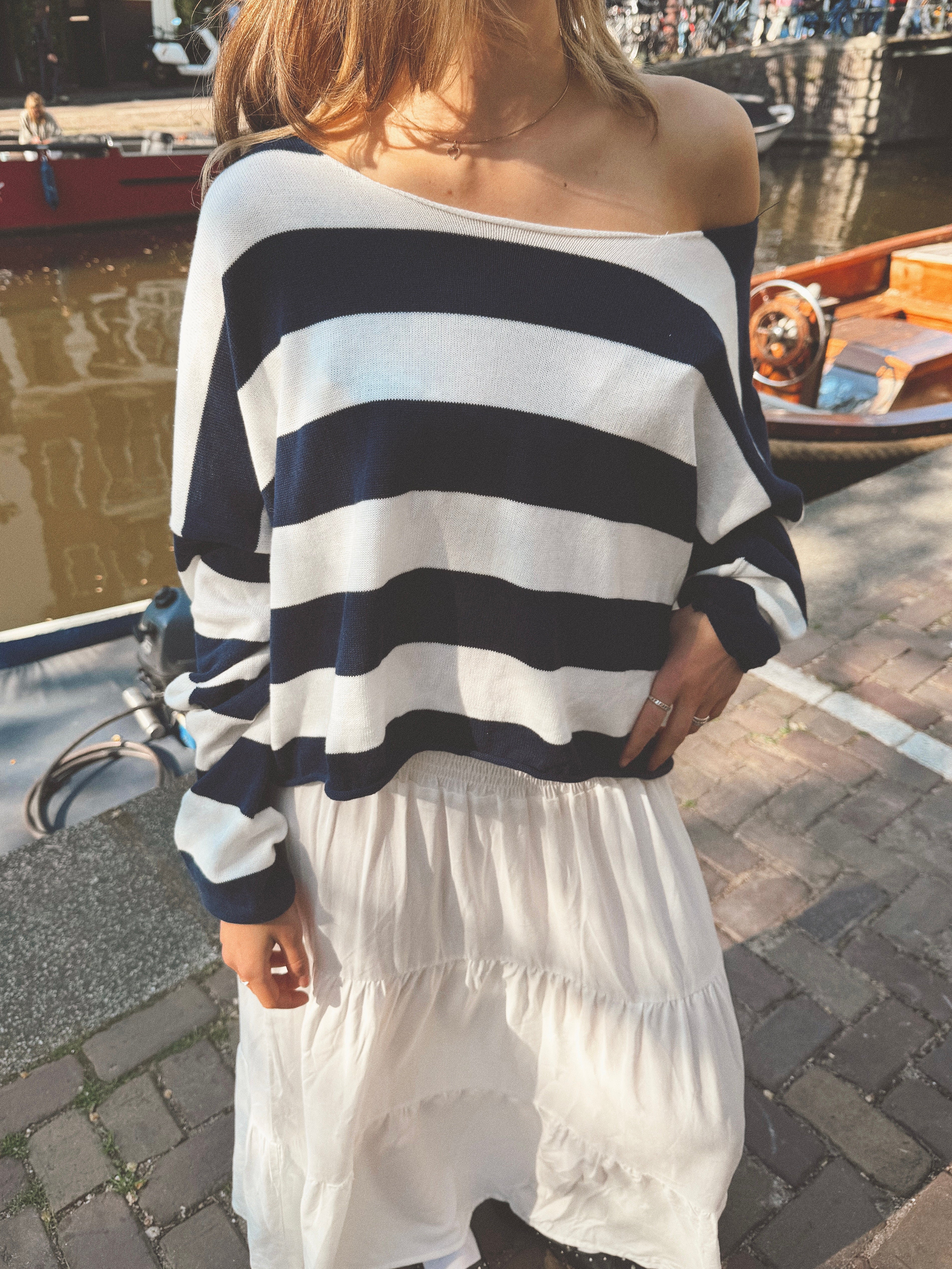 Boat Neck Sweater Navy Striped